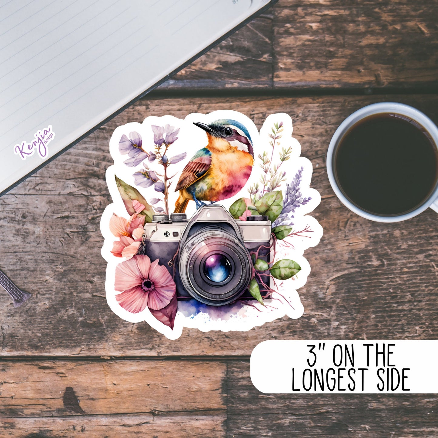 Floral Camera with Bird Watercolor Sticker and Magnet, Waterproof Handmade cute Vinyl Stickers for gift, planner, book and laptop
