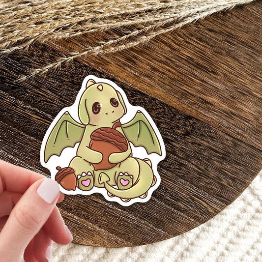 Autumn Green Dragon vinyl die-cut sticker, cute fall fantasy sticker for dragon lovers and book readers who love the autumn season