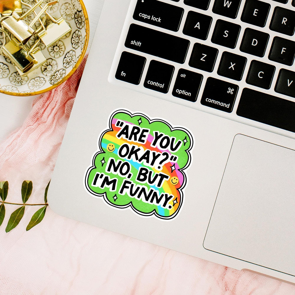 Are You Okay Sticker / Funny Sarcastic Gift / Dark Humor Decal / Relatable Meme Art / Green Rainbow Cloud / Cute Snarky Quote Design
