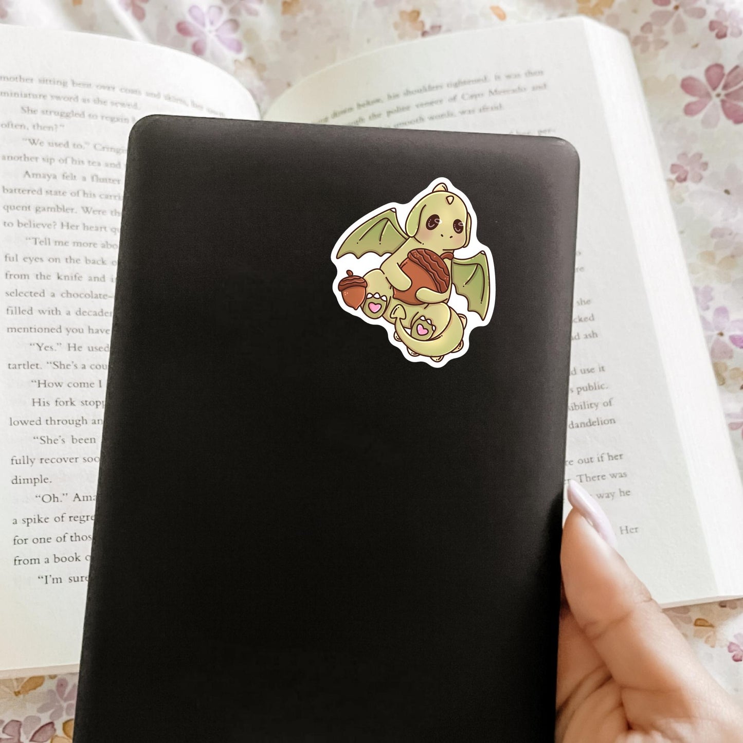 Autumn dragon book lover sticker lifestyle photo, cozy fall die-cut waterproof sticker for Kindle and planner decoration