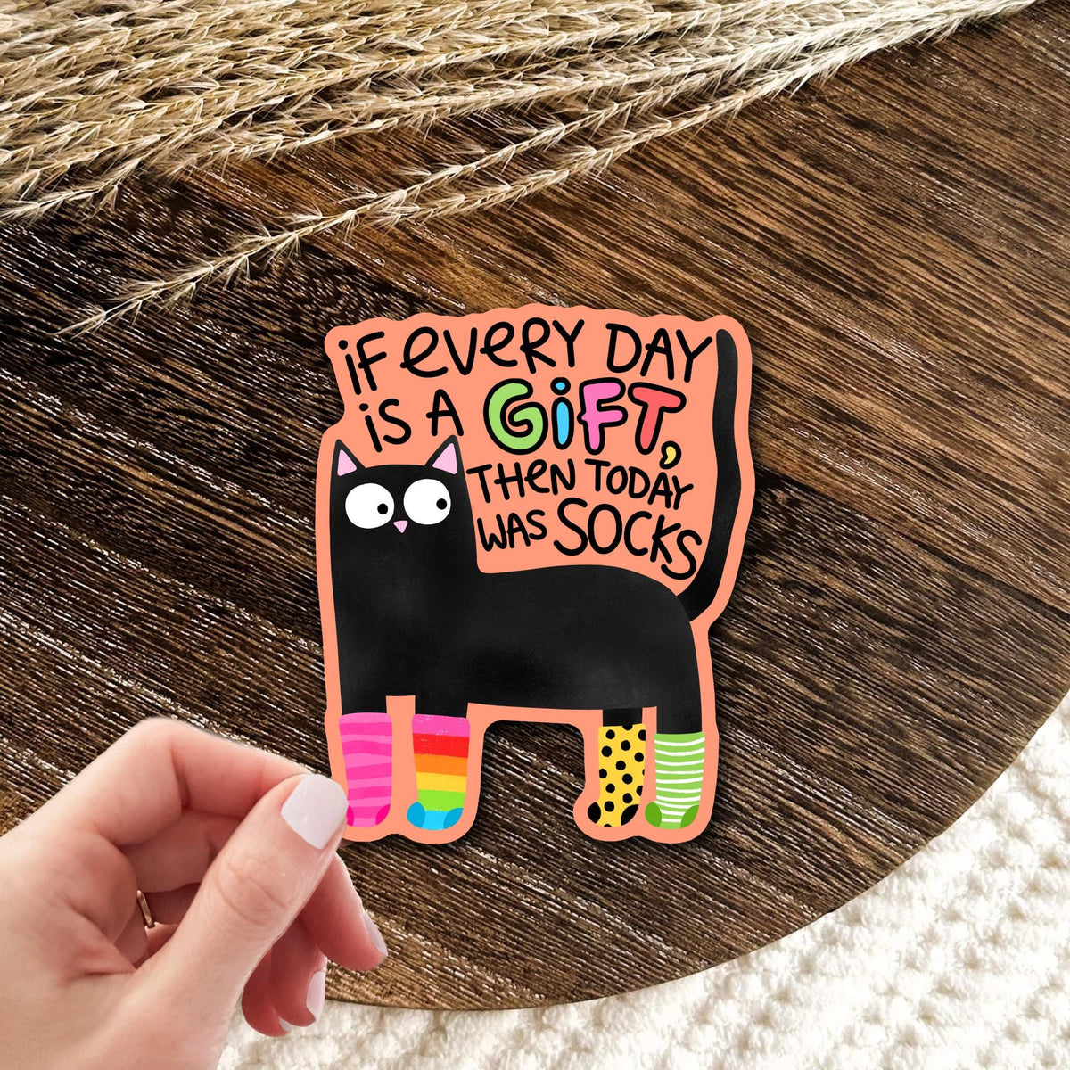 Black cat with rainbow striped socks sticker reading if every day is a gift then today was socks, held in hand on wood