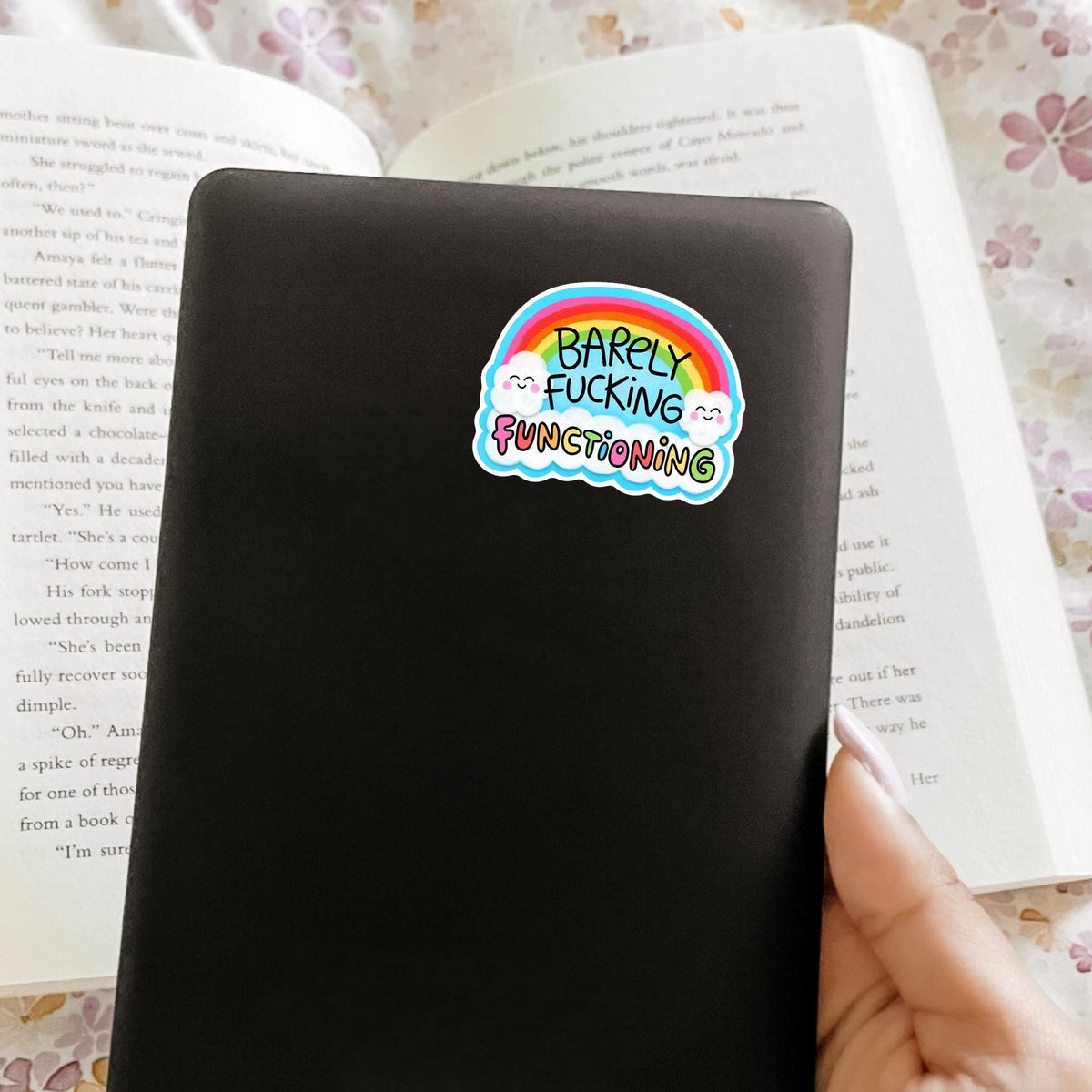 Barely Functioning Sticker / Funny Rainbow Gift / Sarcastic Quote Decal / Kawaii Cloud Art / Adulting Humor / Snarky Self Care Idea