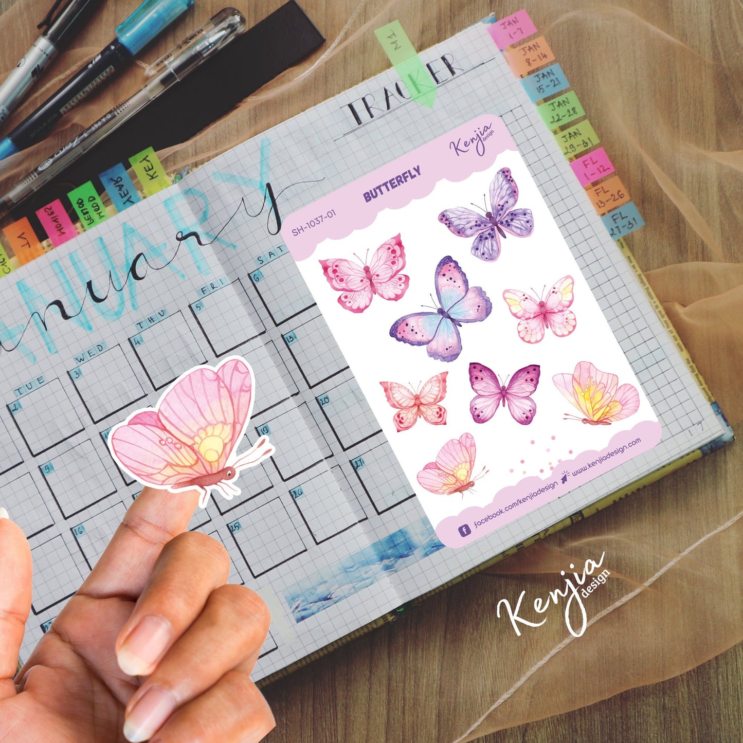 Pink Watercolor Butterfly Stickers Sheet / Sticker Sheet, Handmade cute Vinyl Sticker for gift, planner, book and laptop stickers