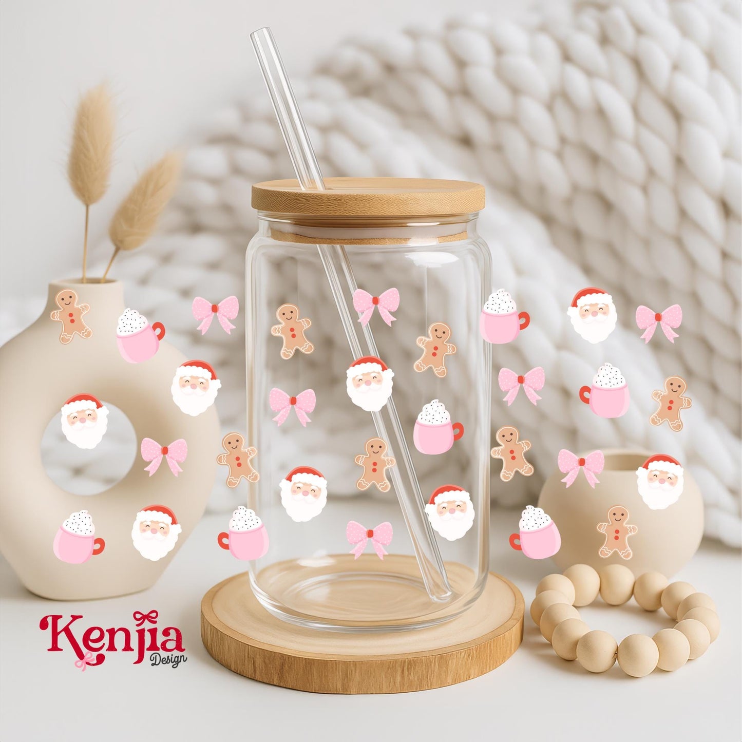 Coquette Santa 16 OZ Glass Can With Lid & Straw / Christmas Glass / Book Lover Gift / Water Bottle / UV Dtf Libbey Wrap Transfert