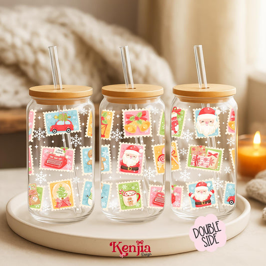 Christmas 16 OZ Glass Can With Lid & Straw / Holiday Stamp / Coffee Lover Gift / Santa Water Bottle / Holiday / UV DTF Libbey Wrap Transfert