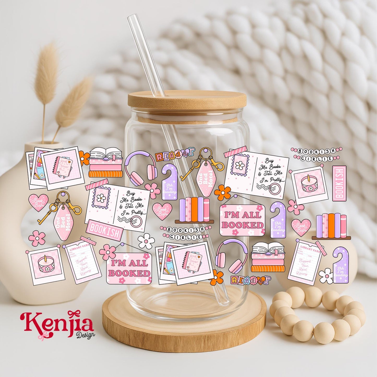 Bookish Girlie 16 OZ Glass Can With Lid & Straw /Book Moodboard Booktok / Book Lover Gift / Water Bottle / UV Dtf Libbey Wrap Transfert