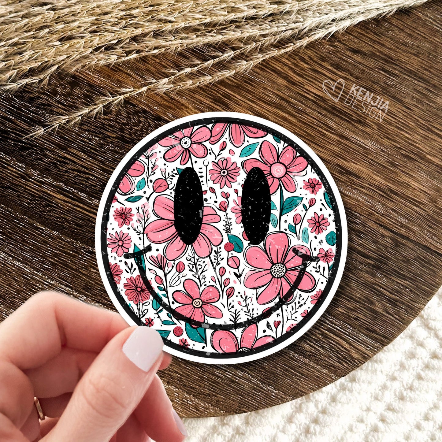 Smile Face Stickers  / Vintage Retro Pink Flowers Groovy / Happy Smiley Face Stickers / Trendy Smiling Face Stickers for Kindle