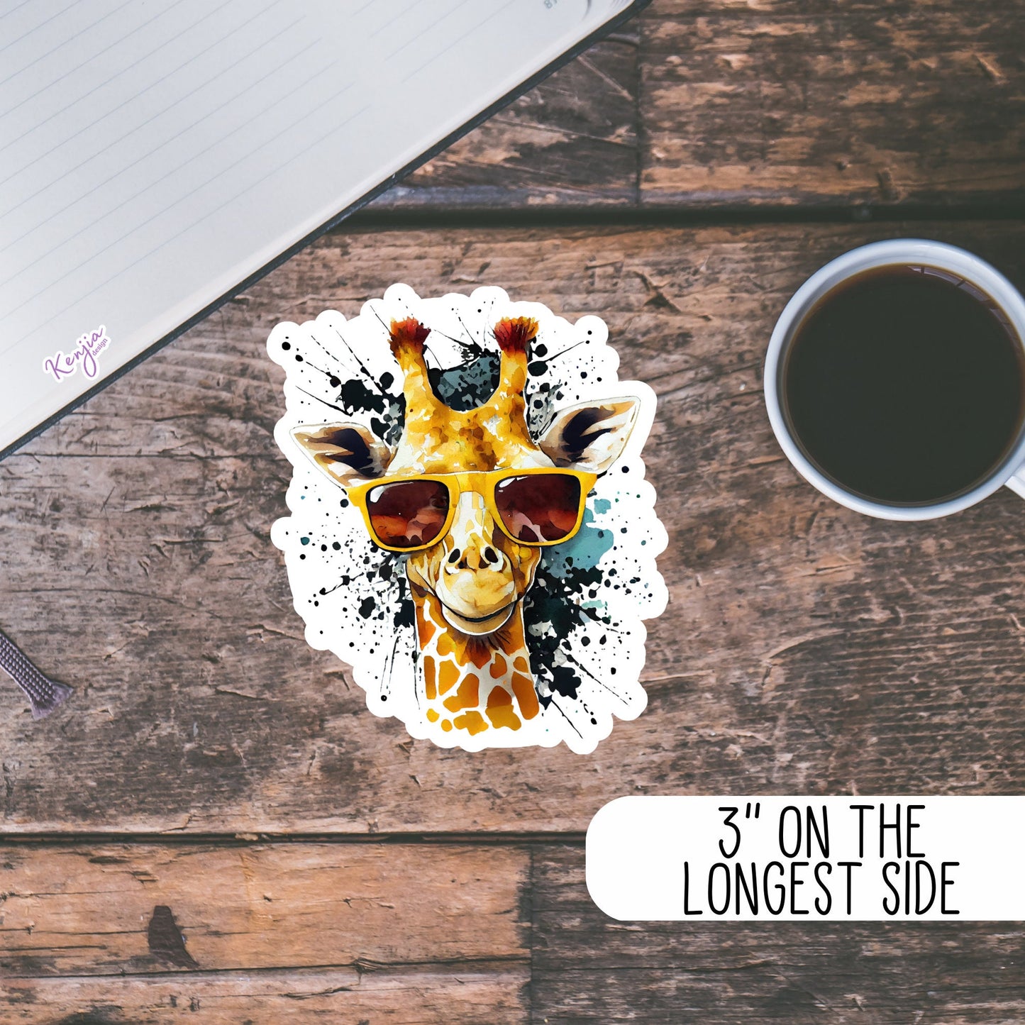 Cute Handmade Cool Giraffe Sticker with Watercolor Effect in Vinyl, Waterproof for planner, book , laptop stickers