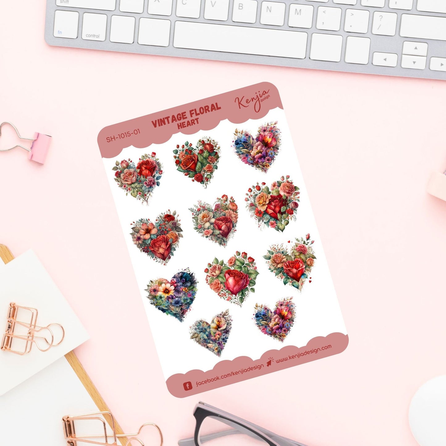 Floral Heart Sticker Sheet | Vintage Sticker Sheet | Kenjia Design