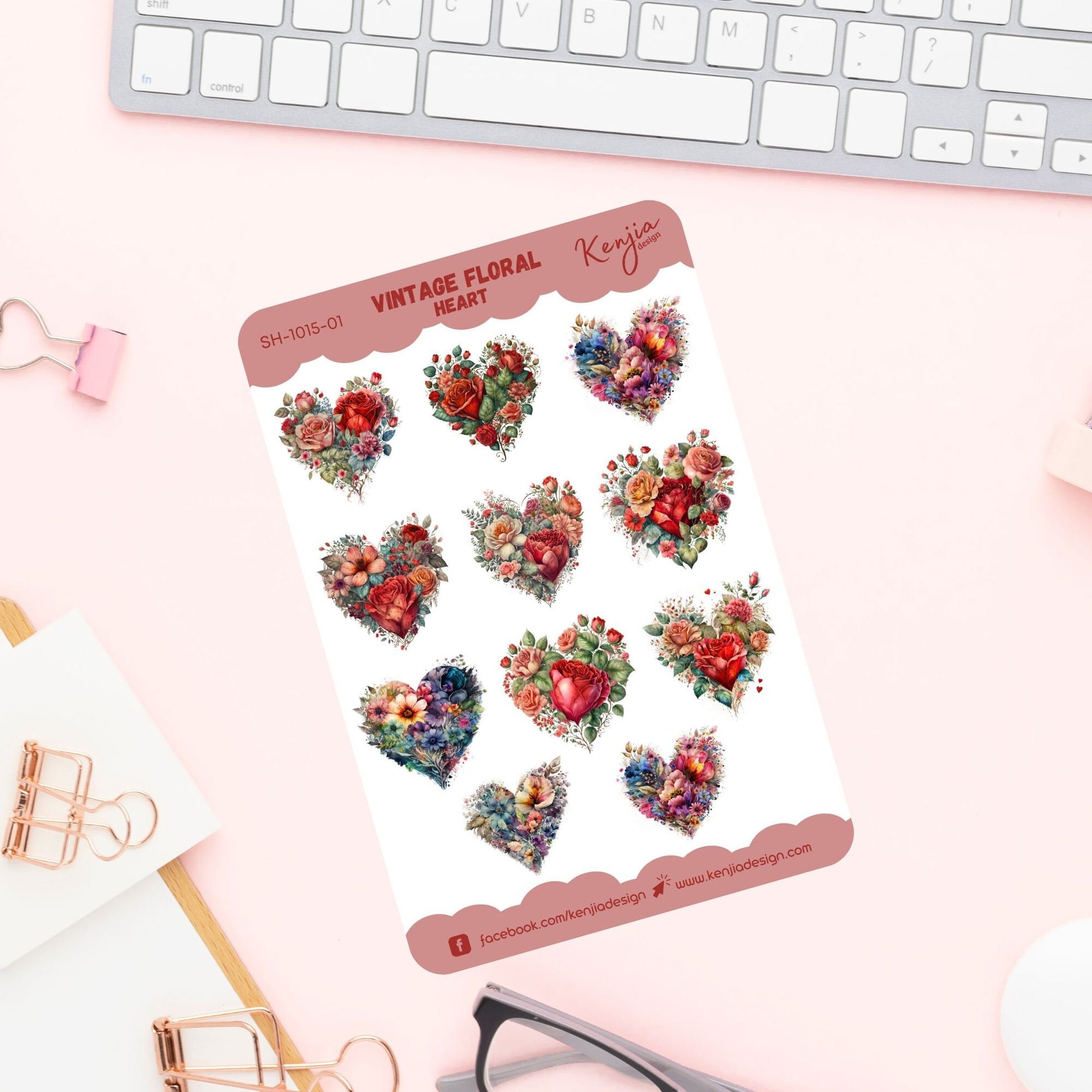 Floral Heart Sticker Sheet | Vintage Sticker Sheet | Kenjia Design