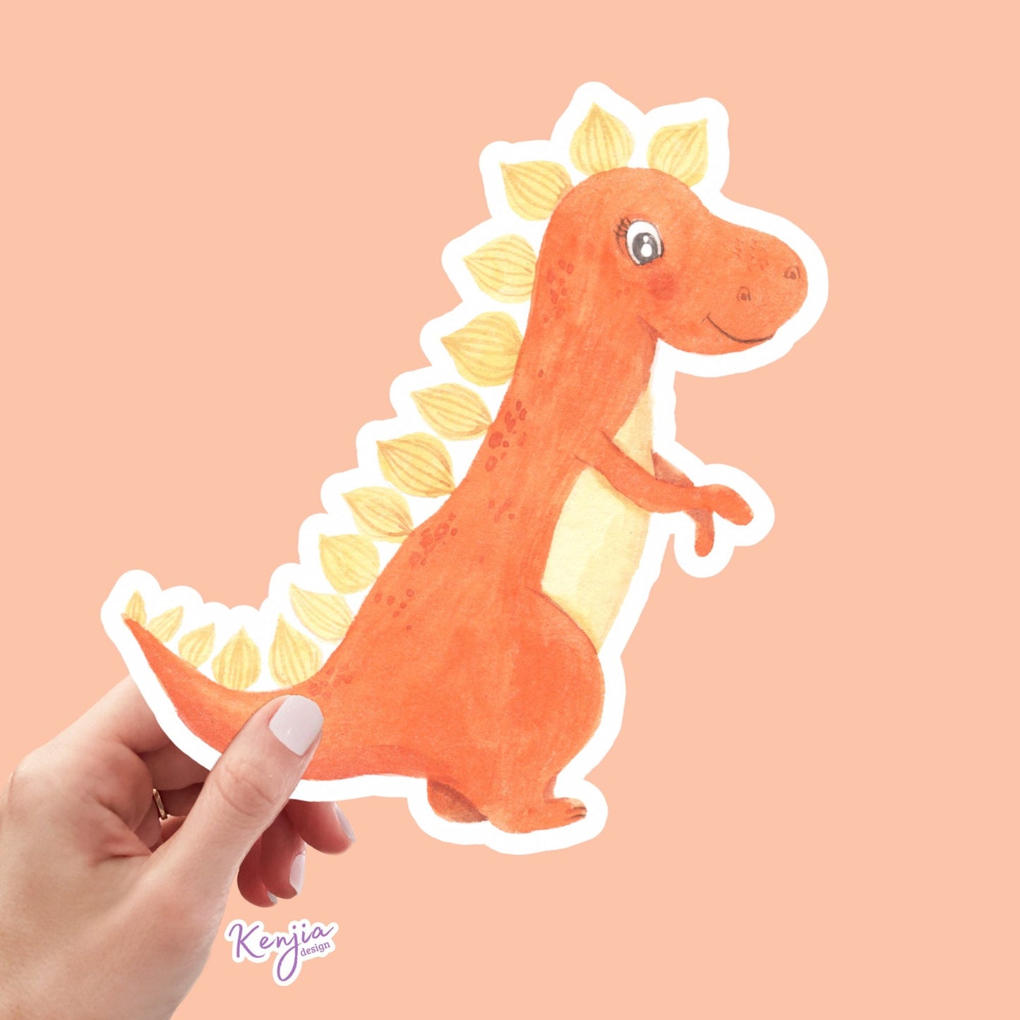 Cute Handmade Pink Dino Girl Sticker, watercolor effect, Waterproof and Dishwasher Safe Vinyl Sticker for gift, planner, book, laptop