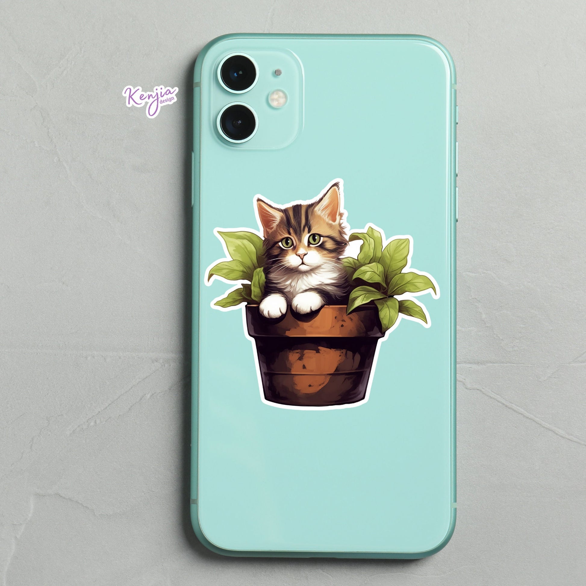 Cat Sticker with Plants | Cute Cat Stickers | Kenjia Design